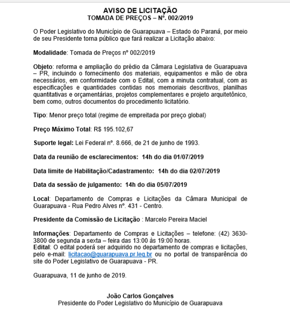 AVISO DE LICITAÇÃO TOMADA DE PREÇOS – Nº. 002/2019 